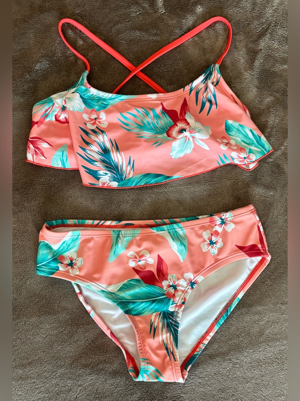 Coral Floral Ruffle Bikini Set for Girls